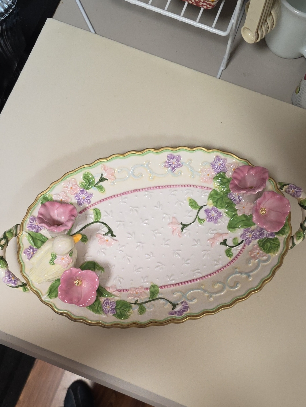 Avon Vintage 2001 Springtime Floral Porcelain Platter with Bird Accent